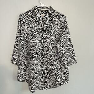 Chico's Womens Non Iron 3/4 Sleeve Leopard Zebra Button Up Shirt Sz L Tunic